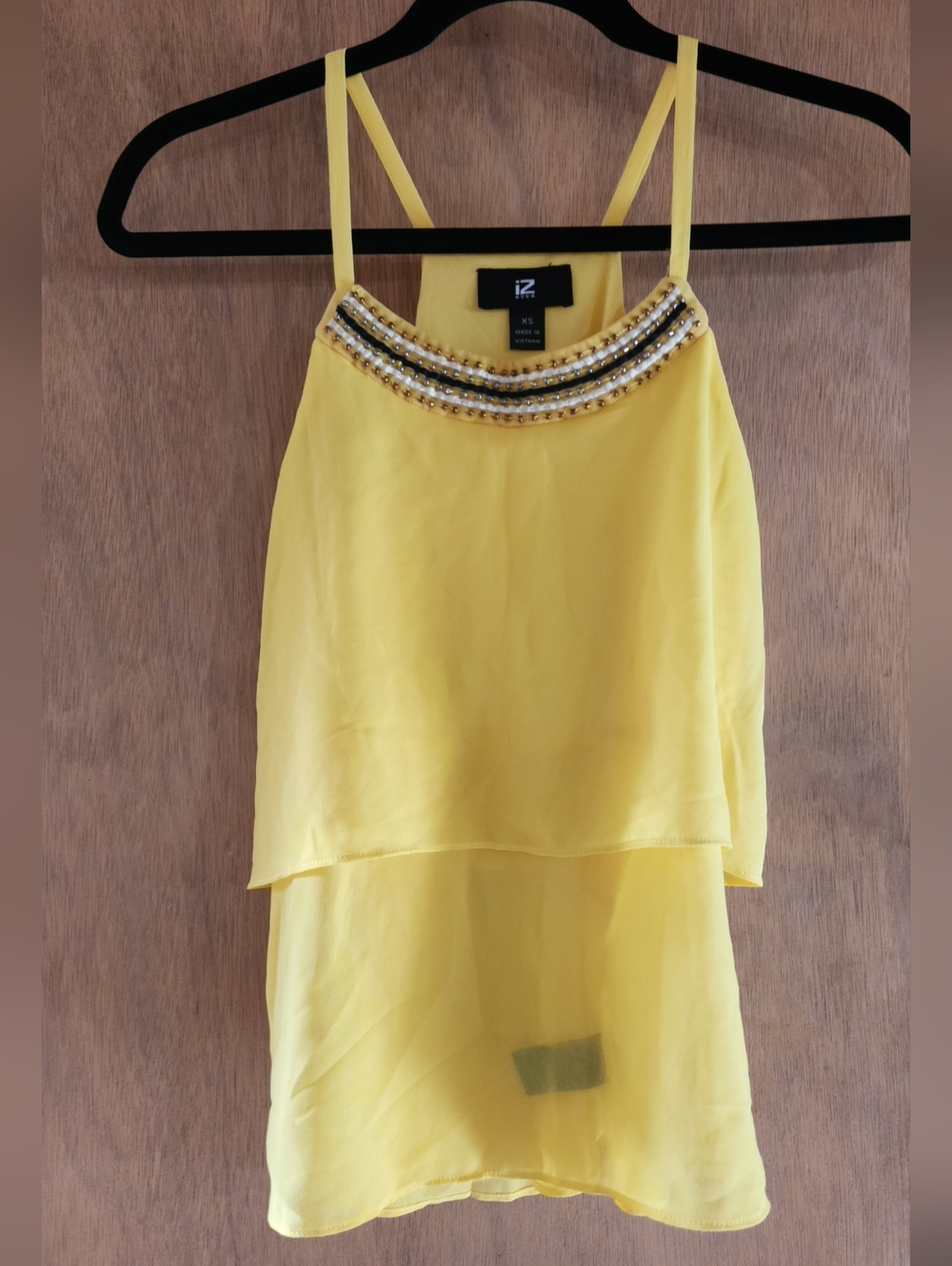 IZ Byer Tank Top Yellow Bohemian Chic Beaded Sheer Layered Spaghetti Pullover Sm